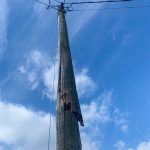 This old pole in Mission snapped in half. We replaced it with a new 35’ treated pole and transferred the electrical wires from the old pole to the new pole
